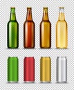 Realistic Green, brown, yellow and semipermeable glass beer bottles and can with drink on a white background Royalty Free Stock Photo