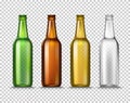 Realistic Green, brown, yellow and white empty glass beer bottles on a transparent background. Vector Royalty Free Stock Photo