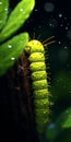 Realistic Green Caterpillar Walking On Leaf Against Waterfall