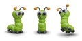 Realistic green centipede in different positions. Caterpillar centipede cartoon character