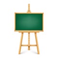 Realistic green chalkboard on wooden easel. Blank blackboard in wooden frame on a tripod. Presentation board, writing