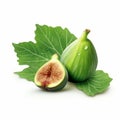 Realistic Green Fig With Leaves On White Background