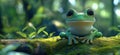 Realistic green frog sitting on mossy log in lush forest environment Royalty Free Stock Photo