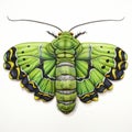 Realistic Green Moth Painting On White Background