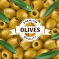 Realistic Green olives background, with a leafs. Olive label, icon. Vector illustration