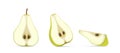 Realistic green pear half cut portion. Sliced fresh sweet fruit full of vitamins for healthy eating