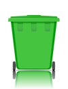 Realistic green recycle bin for trash and garbage with reflection.