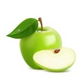 Realistic green sliced apple with leaf and drops, weet fruit, healthy food