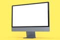 Realistic grey computer screen display with keyboard and mouse on yellow Royalty Free Stock Photo