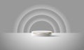 Realistic grey 3d cylinder podium mockup with white glowing light semi circles layers design for products display stage showcase Royalty Free Stock Photo