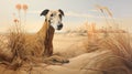 Realistic Greyhound Dog Painting On Sand: Hyper-detailed Graflex Speed Graphic Art