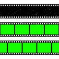 Realistic grunge film strip, camera roll. Old retro cinema movie strip with blank green chroma key background. Analog Royalty Free Stock Photo