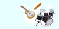 Realistic guitar, flute, drum stand. Composition of musical instruments