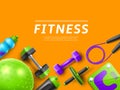 Realistic gym fitness accessories. Frame background with place for text, training yoga equipment, sports devices, female Royalty Free Stock Photo