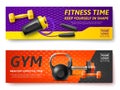 Realistic gym fitness banners. Sport equipment and accessories, bodybuilding dumbbell, kettlebell and skipping rope