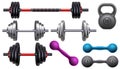 Realistic gym workout equipment, barbell, dumbbells and kettlebell. Fitness and sport training tools for weight lifting exercise