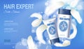 Realistic hair shampoo conditioner. Tube container cosmetic light background blue sunny sky spring white feather. 3d