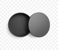 Realistic half open round black box and lid with shadow. Top view vector mockup.