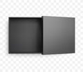 Realistic half open square black box and lid with shadow. Top view vector mockup.