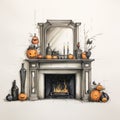 Realistic Halloween Fireplace Sketch With Pumpkins And Mirror