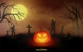 Realistic halloween pumpkin illustration with glowing moon ball at night and bats flying over cemetery and zombie. Background conc