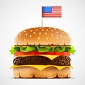 Realistic hamburger with cheese lettuce and tomato. Cheeseburger with usa flag as american food symbol.