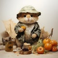 Realistic hamster character at home in with pumpkins on Halloween