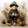 Realistic hamster character at home in with pumpkins on Halloween