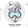 Realistic hand drawing illustration of human heart in winter hat and snowboard goggles