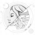 Realistic hand drawing and polygonal woman head illustration. Magic card with Virgo zodiac sign