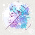 Realistic hand drawing and polygonal woman head illustration on watercolor background. Magic card with Virgo zodiac sign