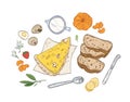 Realistic hand drawn composition with tasty breakfast meals or snacks and fresh organic morning food - pizza slice