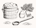 A realistic hand-drawn vector illustration sketch of bath accessories used in a Russian sauna, including water, steam, and a broom