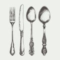 A realistic hand-drawn vector illustration sketch of a cutlery set, including a fork, spoon, and knife, arranged as a table Royalty Free Stock Photo