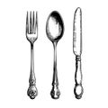 A realistic hand-drawn vector illustration sketch of a cutlery set, including a fork, spoon, and knife, arranged as a table Royalty Free Stock Photo
