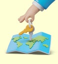 Realistic hand holding keys over world map. Access from anywhere in world Royalty Free Stock Photo