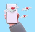 Realistic hand holding smartphone with love letter. Advertising messenger, online correspondence