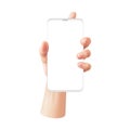 Realistic hand with phone. Woman holds smartphone with white blank screen, advertising on device template, gadget