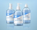 Realistic hand sanitizer bottles. 3d antibacterial cleanser different containers, alcohol disinfectant, hygienic