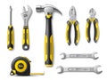 Realistic hand tools. Different worker instruments. Top view wrench, screwdriver and pliers, construction tape measure