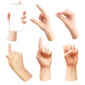 Realistic hands. Different human hand showing signals, pointing finger, interactive communication and interface gestures Royalty Free Stock Photo