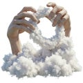 Realistic hands emerge from dense white, fluffy clouds, actively shaping the clouds Royalty Free Stock Photo