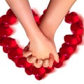 Realistic hands of lovers and rose petals top view on isolated white background.Love and friendship. 3d illustration for the day o