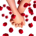 Realistic hands of lovers and rose petals top view on isolated white background.Love and friendship. 3d illustration for the day o