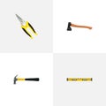 Realistic Hatchet, Plumb Ruler, Claw And Other Vector Elements. Set Of Tools Realistic Symbols Also Includes