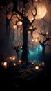 Realistic haunted forest creepy landscape at night. Fantasy Halloween forest background. Digital art.