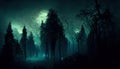 Realistic haunted forest creepy landscape at night. Fantasy Halloween forest background. Digital art.