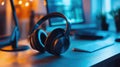 realistic headphones on desk Royalty Free Stock Photo