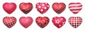 Realistic heart shaped balloons. 3D red glossy forms with white repeating prints. Holiday decorative templates. Present