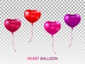 Realistic heart shaped balloons set isolated on transparent background. Red, pink and purple glossy balloon with ribbons